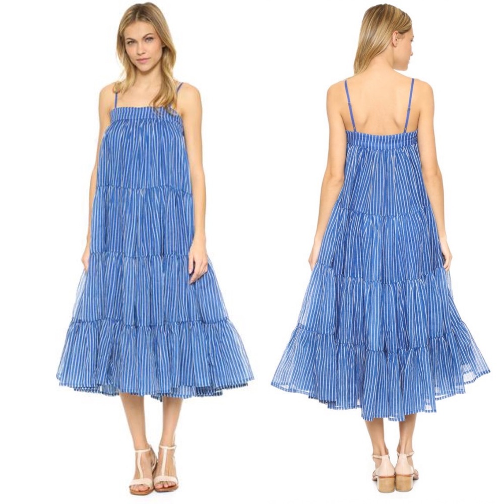 Mes Demoiselles Eva Paris Stripe Tiered Maxi Midi Dress in Blue & White